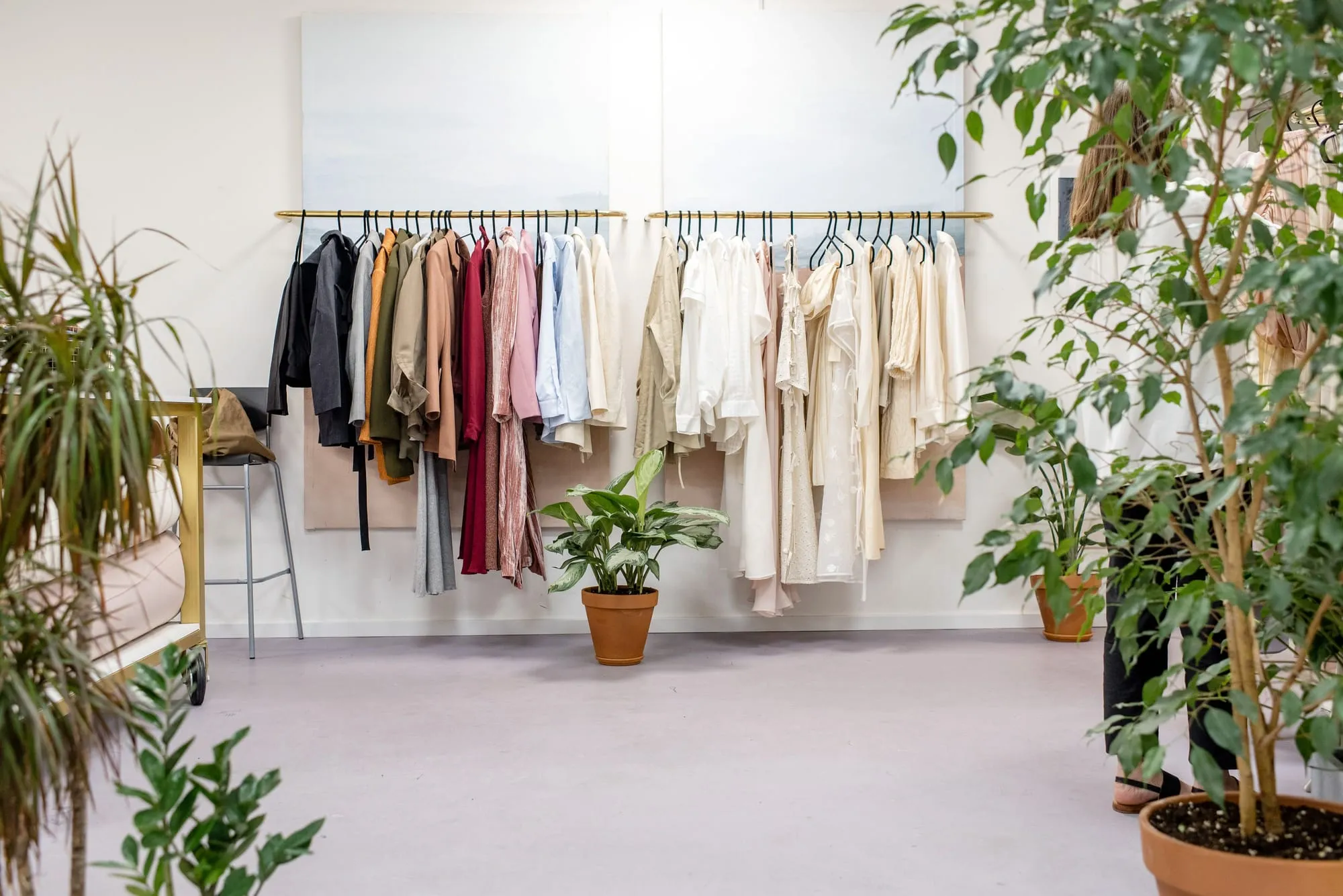 Lichte kledingwinkel met kledingrekken, grote planten en witte muren
